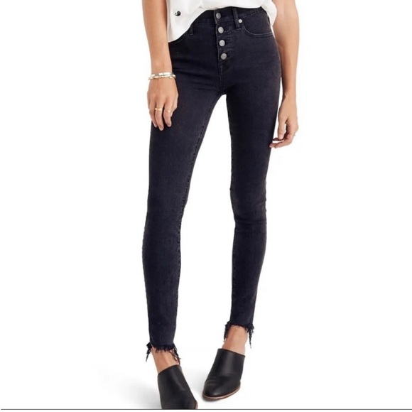 Madewell 9” High Riser Skinny  Exposed Button Fly Black Raw Hem Stretch Jean - Picture 16 of 16